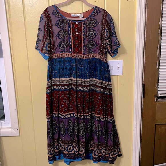 Vintage LaCera Pleated 90s Cotton Babydoll Maxi Dress Boho Hippie - Picture 3 of 12